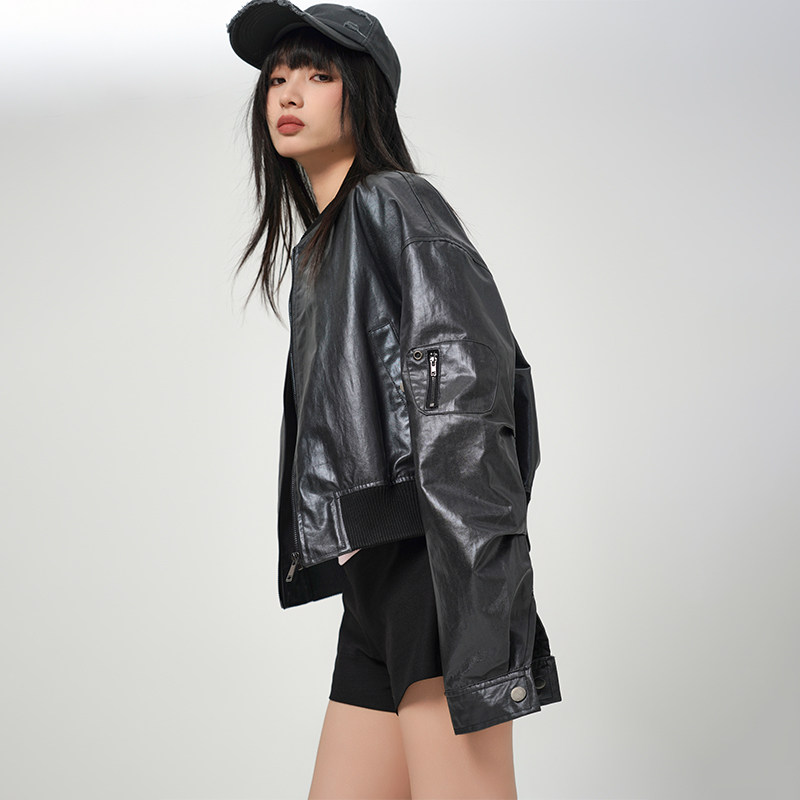 LOU&ZING短款中性风机车皮衣外套图片
