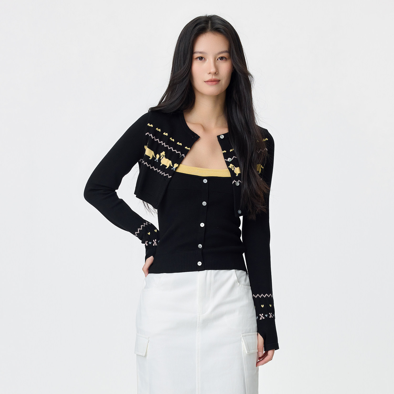 LOUZING黑色费尔岛小狗开衫毛衣外套女修身吊带背心针织两件套潮,女装/女士精品,毛针织衫,淘宝优惠券,粉丝福利购,淘宝优惠卷