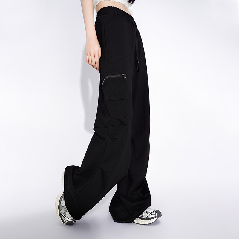 LOUZING黑色休闲卫裤女2025秋季新款宽松直筒美式运动工装裤长裤