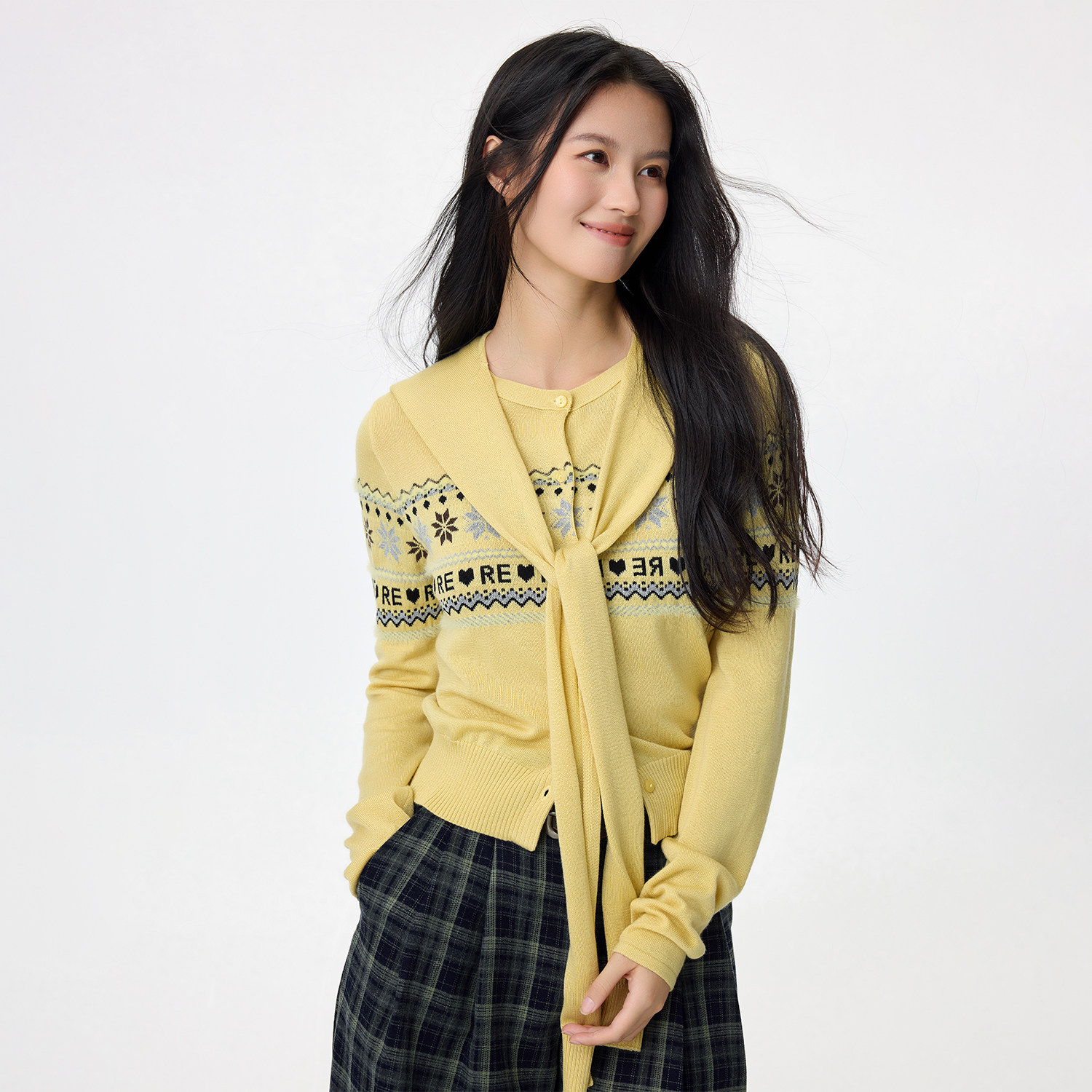 LOUZING休闲费尔岛两件套女2026春季新款圆领雪花提花针织开衫潮