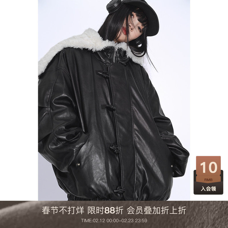 LOUZING黑色皮衣外套女2025冬季新款羽绒服大毛领连帽飞行员夹克