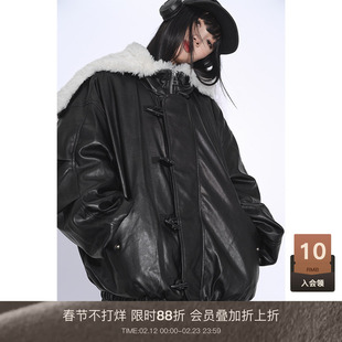 LOUZING黑色皮衣外套女2025冬季新款羽绒服大毛领连帽飞行员夹克