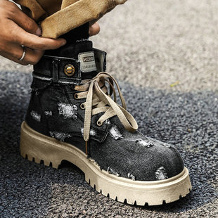 马丁靴男高帮工装鞋个性小众破洞乞丐鞋原创帆布靴牛仔布面短靴子