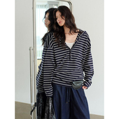 宽松落肩长袖 YOUMI 轻运动连帽排扣下摆自然微堆 条纹上衣