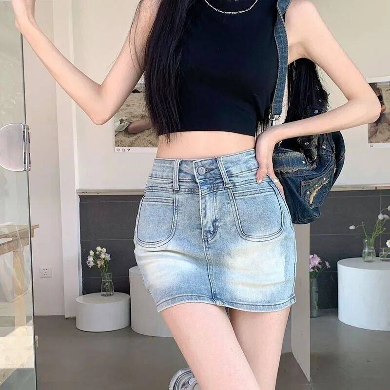 美式牛仔a字裙浅色半身裙女装小个子短款高腰包臀裙短裙裙裤裙子