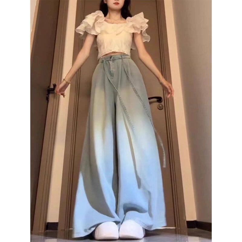 大码垂感天丝牛仔裤女夏季薄款胖mm宽松显瘦冰丝高腰直筒阔腿裤子