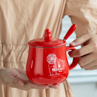 创意陶瓷牛奶杯大容量家用燕麦片带盖勺早餐杯可微波炉加热马克杯