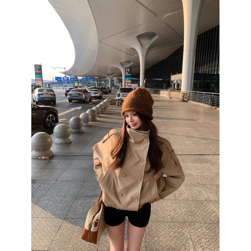 双排扣卡其色立领长袖风衣外套女秋季高级感宽松休闲气质开衫上衣