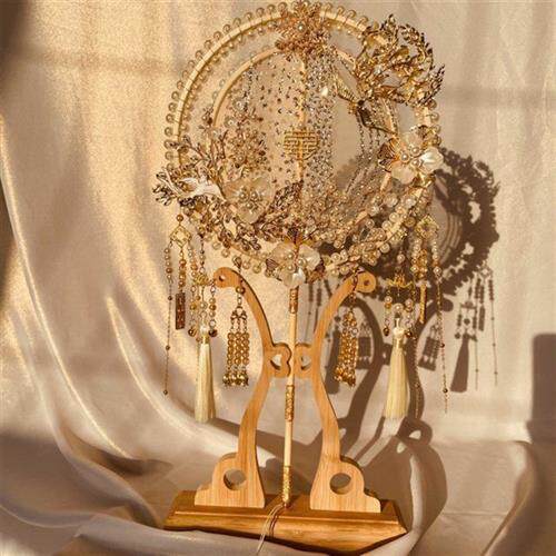 结婚喜扇新娘新中式婚礼香槟色闪婚纱摄影道具DIY秀禾扇子小红书