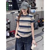 t恤女2026新款 美式 复古条纹微宽松正肩短袖 小个子休闲上衣ins风潮
