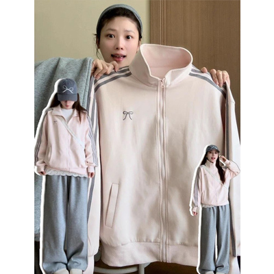 美式潮牌学院风拼接三条杠立领卫衣外套女秋冬新款加绒设计感上衣