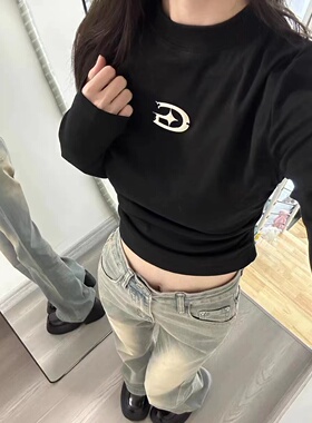 黑色长袖T恤女ins春季设计感小众褶皱修身内搭打底衫短款辣妹上衣