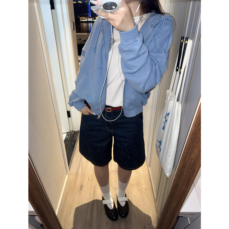 基础奶蓝色短款卫衣开衫连帽拉链外套女大童秋季运动休闲宽松上衣