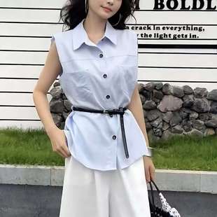 子两件套女2025年夏季 潮 衬衫 上衣套装 polo领无袖 阔腿裤 新款 裤 爆款