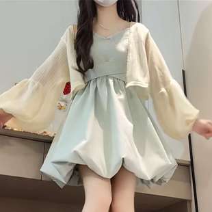 花苞裙子 夏日新款 法式 温柔风套装 女蓝色吊带连衣裙气质蝴蝶结开衫