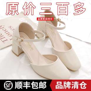 品牌鞋 一字扣方头配裙子粗跟凉鞋 2025新款 包头仙女风中跟高跟单鞋