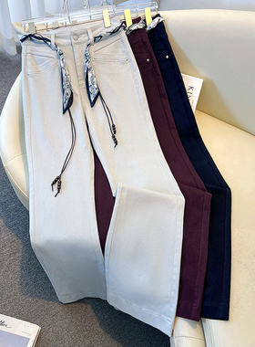 高腰系带直筒牛仔裤女2026春季新款显瘦百搭休闲裤微弹纯色阔腿裤