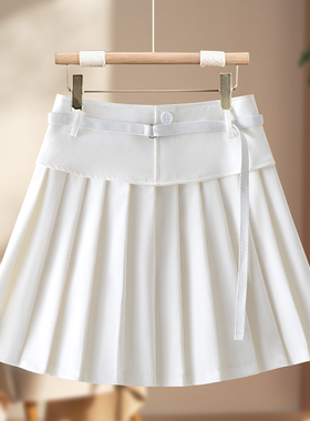 学院风系带百褶半身裙女2026新款春夏季白色高腰A字修身显瘦短裙