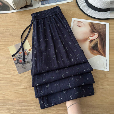 藏青色碎花亚麻阔腿裤女