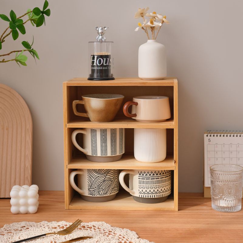 木质桌面收纳盒杯子咖啡杯分层实木办公室客厅茶具桌面置物架防尘