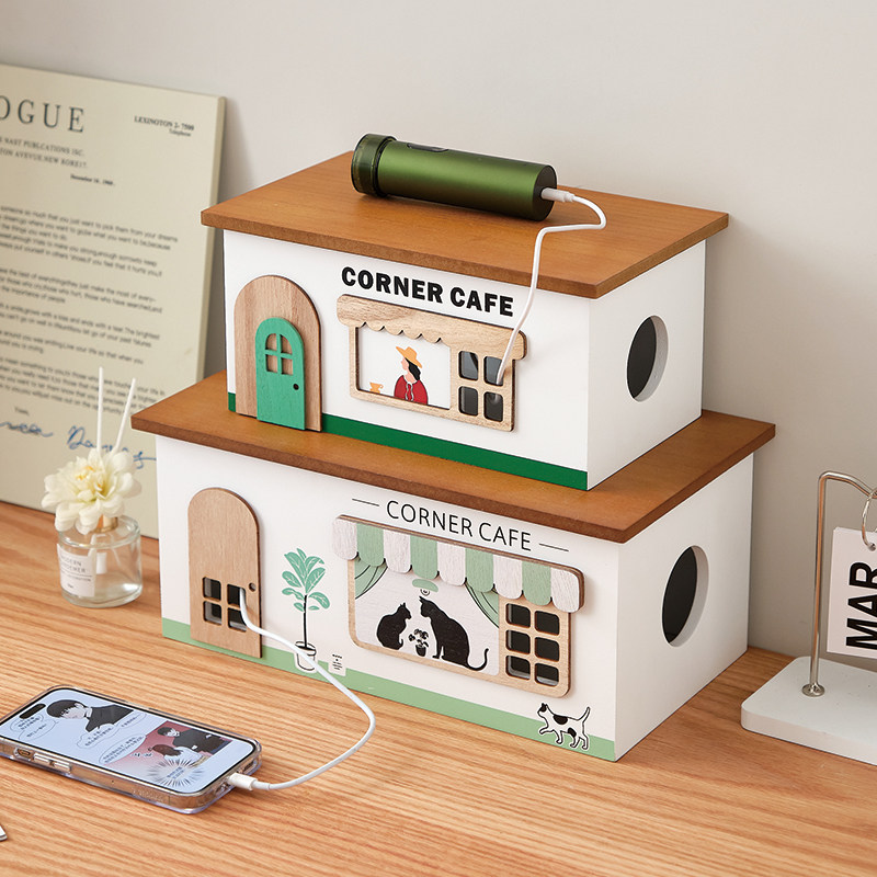 桌面电线插座收纳盒整理插排数据线木质集理线盒简约电源插排板装