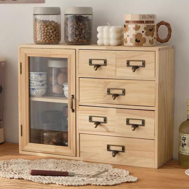 桌面木制茶具收纳盒水杯马克杯收纳柜防尘化妆品香水收纳柜带抽屉