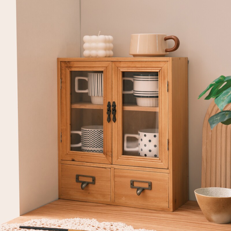 杯子桌面实木收纳盒化妆品桌上置物架办公室客厅茶具玻璃杯整理盒