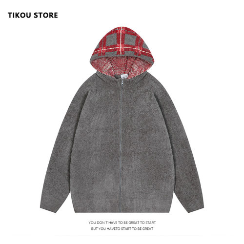 TIKOU 美式拼接格子连帽开衫毛衣针织衫情侣上衣宽松慵懒潮流百搭