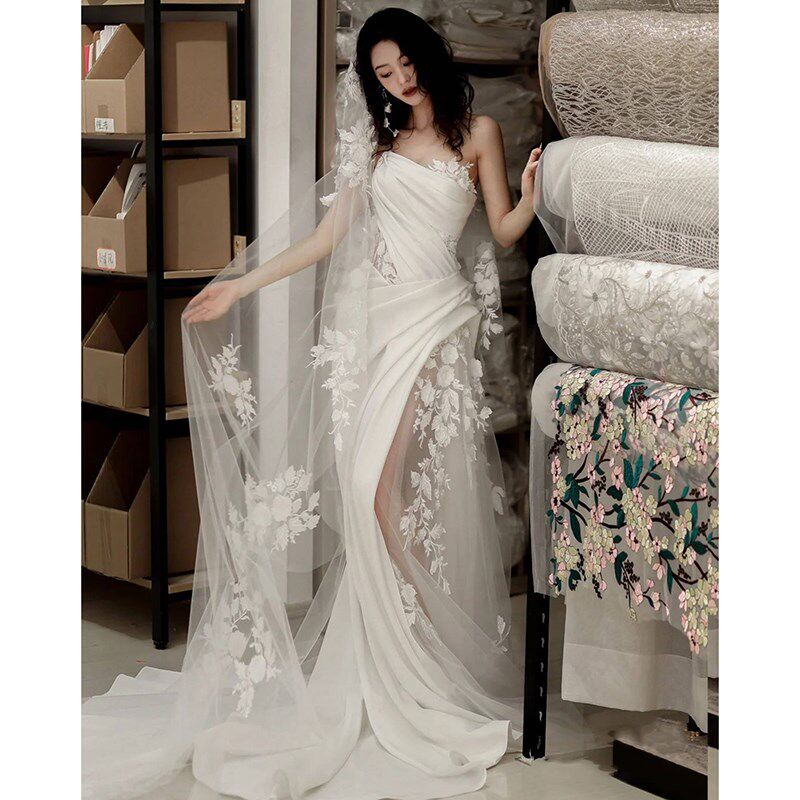 新品抹胸轻婚纱超仙蕾丝迎宾出门纱缎面森系鱼尾R显瘦气质拖尾晚