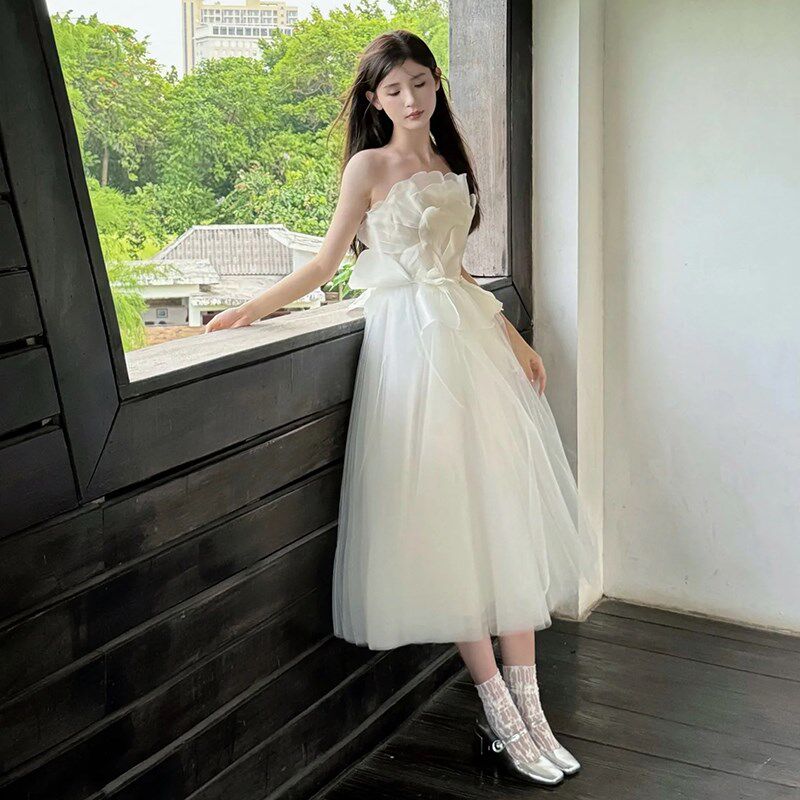 新品小个子轻婚纱抹胸超仙公主风订婚礼服森系P旅拍气质晨袍蓬蓬