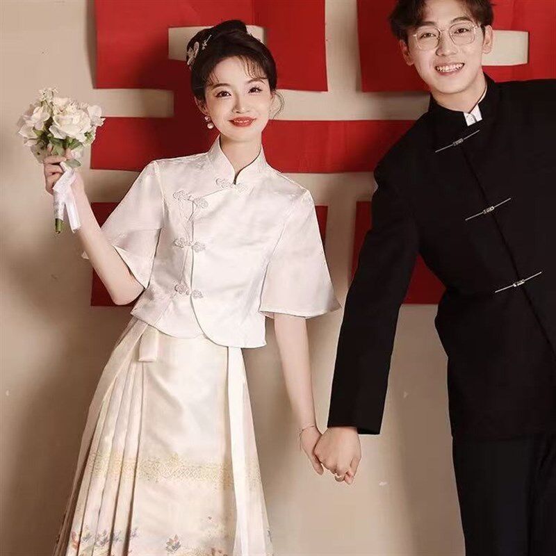 新品新中式改良旗袍衬衫搭配w马面裙女夏季短袖上衣轻国风提花盘