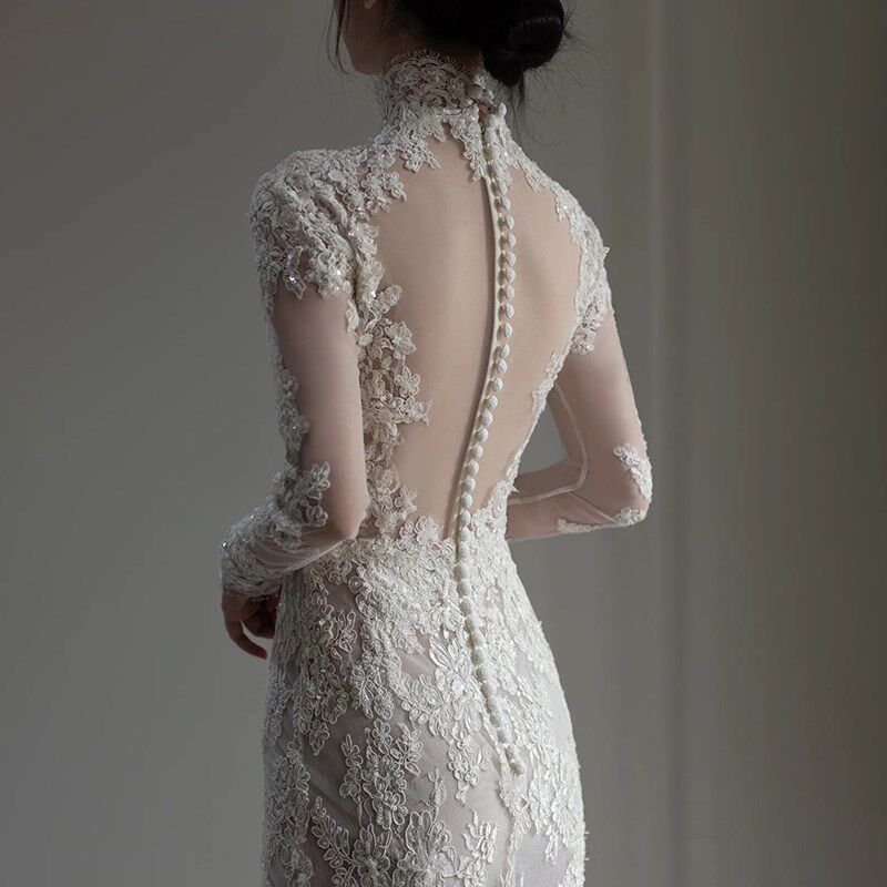 新品法式轻婚纱气质轻奢蕾丝长袖新娘迎宾出门P纱高端鱼尾修身显