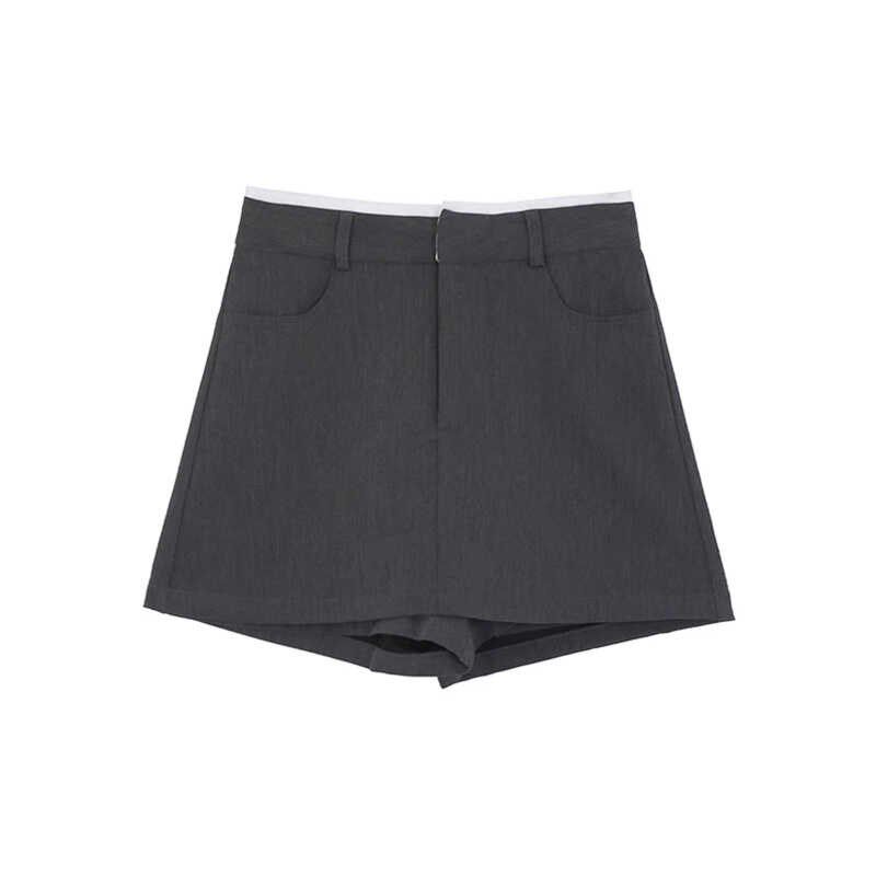 新品高腰a裙裤女夏款小个子遮肉a字短裙套装甜妹穿搭灰色西装半身