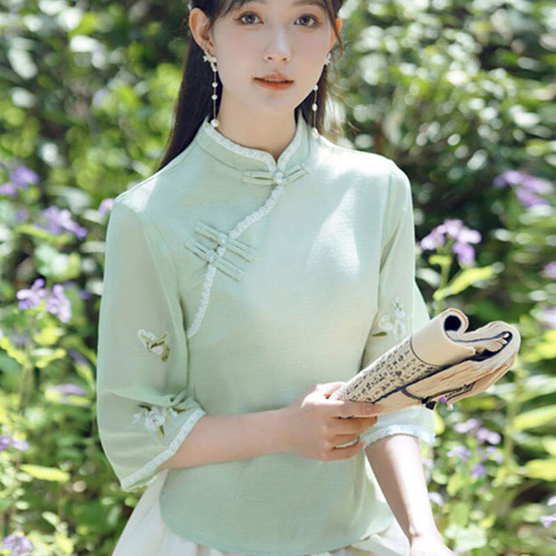 新品新中式唐装汉服女套r装改良汉元素禅意茶艺服民国风旗袍上衣