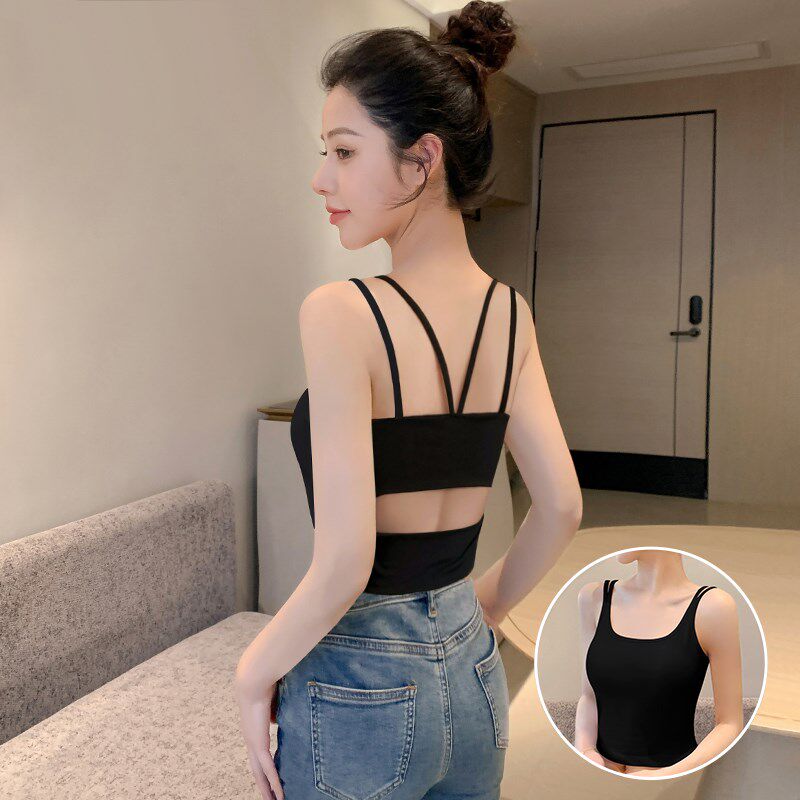 新品黑色美d背吊带背心带胸垫女夏外穿2025新款文胸一体打底内搭