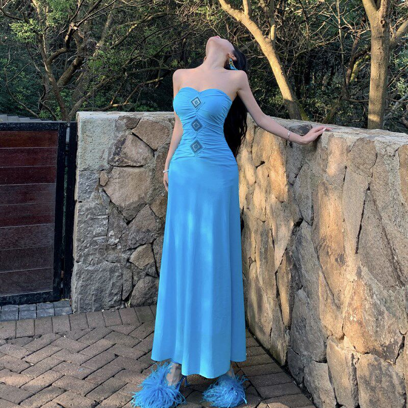 新品海边度假风纯欲性感抹胸蓝色C连衣裙气质收腰显瘦仙气修身度