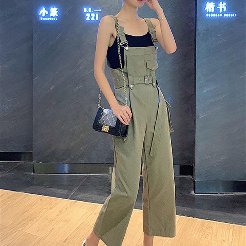 新品设计感盐系工装背带裤女夏z薄款长款复古阔腿九分吊带连体裤