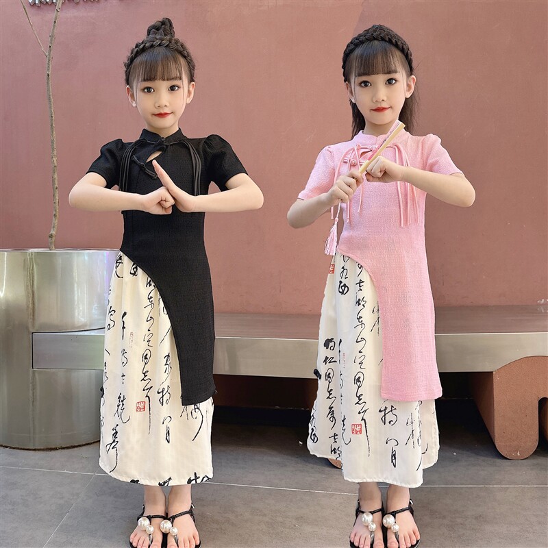 极速【亲子装】男女童妈妈母女装夏季国潮风旗袍T修身中式套裙套
