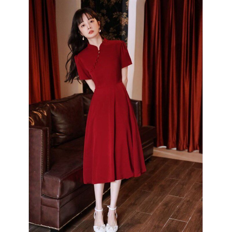 新品中国风改良旗袍酒红色敬酒A服女夏季日常结婚可穿新娘短袖回