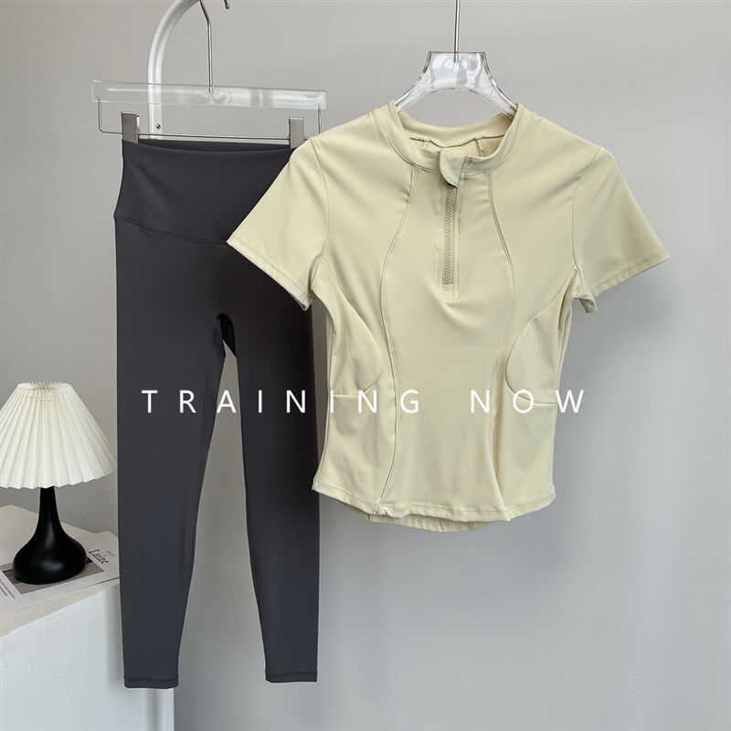 新品运动套装女夏季半拉链v修身显瘦瑜伽服短袖健身房训练晨跑速