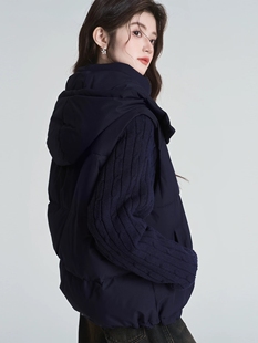 藏蓝色简约棉服连帽马甲背心棉衣女冬季加厚保暖百搭外套