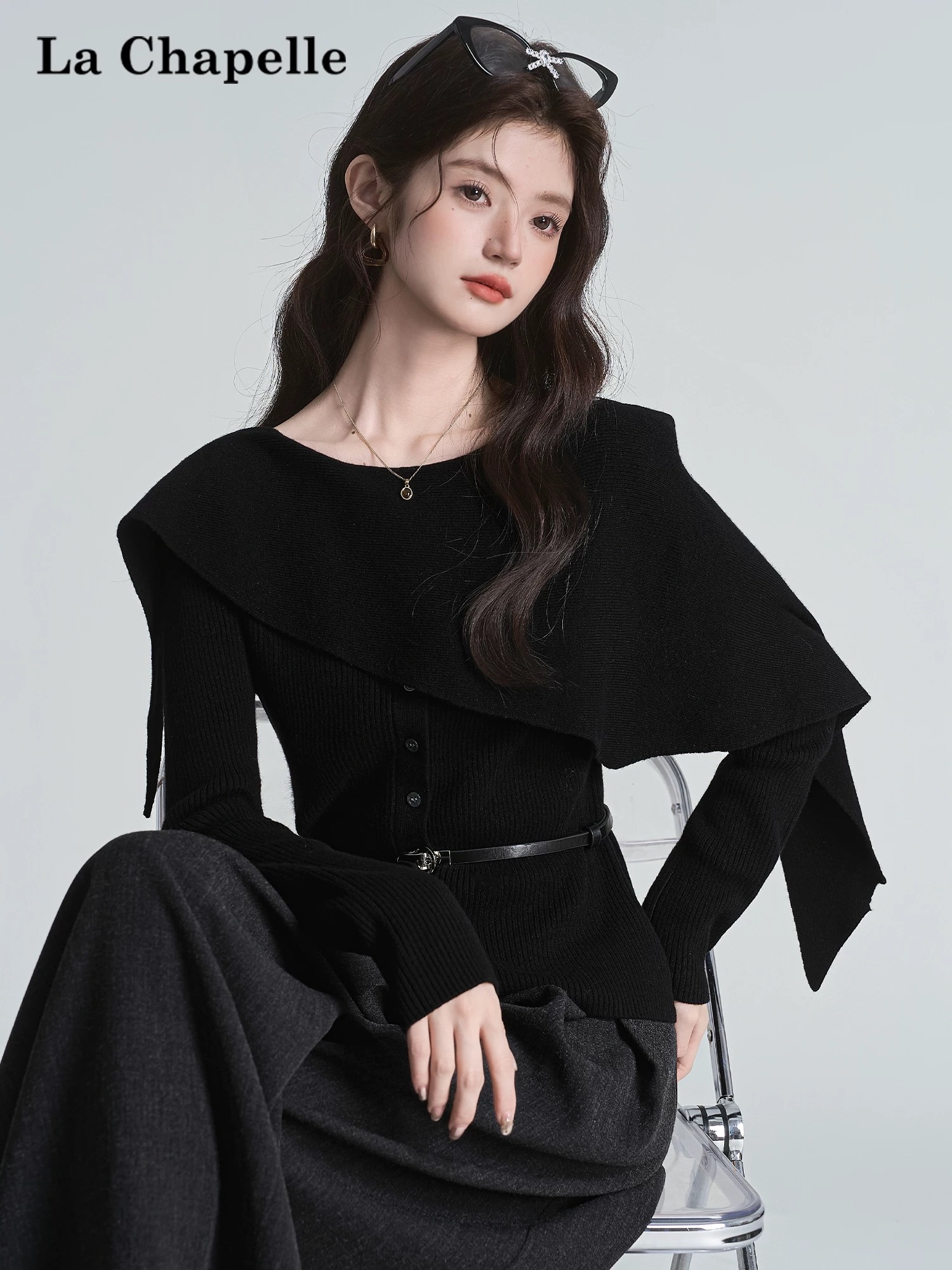 黑色不规则小斗篷针织衫毛衣女秋季收腰显瘦两件套上衣潮