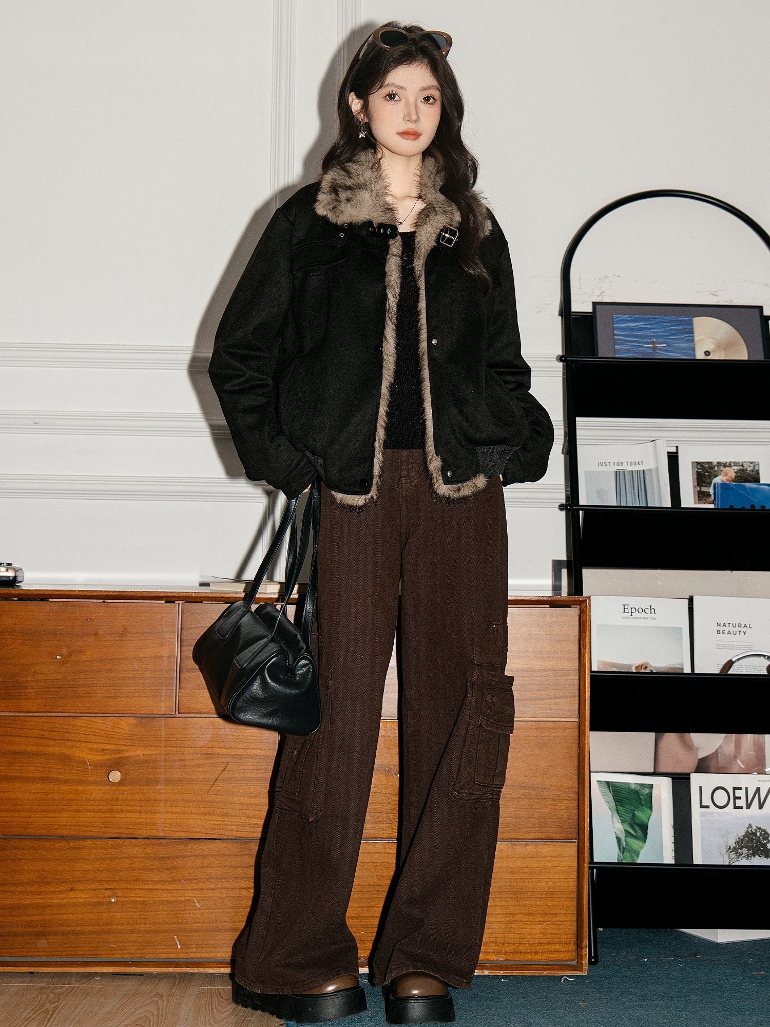 黑色机车服麂皮毛翻领座山雕外套女冬加绒加厚保暖棉服潮