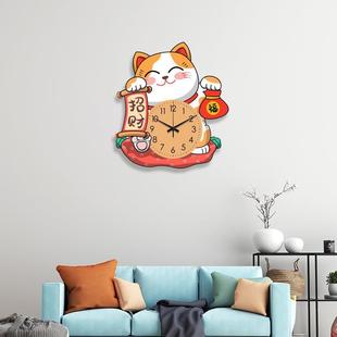 饰画静音表摇摆石英钟 卡通迷你挂钟客厅家用招财猫创意时钟挂墙装