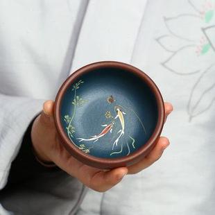 宜兴彩绘双鱼小品杯原矿紫泥紫砂品茗杯主人单杯茶碗功夫茶具茶杯
