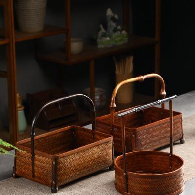 手工竹编大漆提篮中式复古茶具收纳篮家用圆形水果篮点心篮整理筐