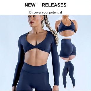 欧美跨境新款DFYNE平替女运动扭结长袖提臀紧身裤文胸短裤套装
