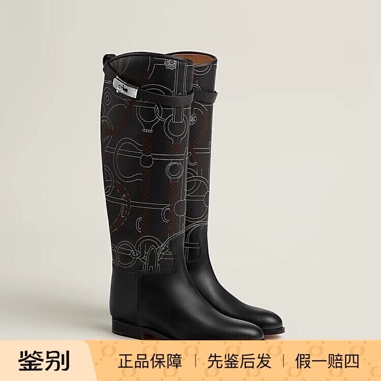 Hermes新款刺绣帆布拼接牛皮靴