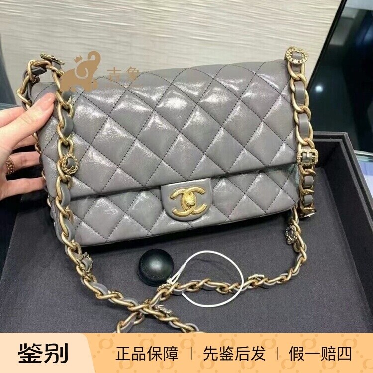 Chanel/香奈儿24A新款女包灰色羊皮菱格纹搭扣链条CF单肩斜挎包