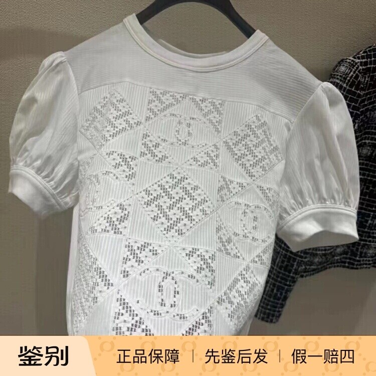 Chanel新款白色刺绣镂空T恤